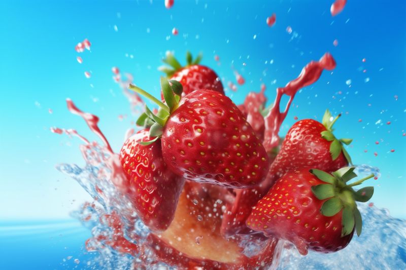 red blue background water fresh strawberry freshness healthy splash fruit food. Generative AI.