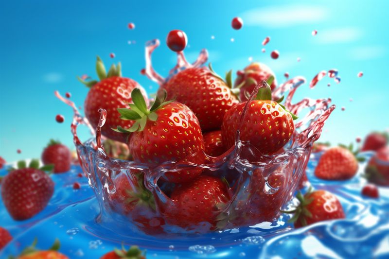 background red water healthy fresh freshness splash fruit strawberry blue food. Generative AI.