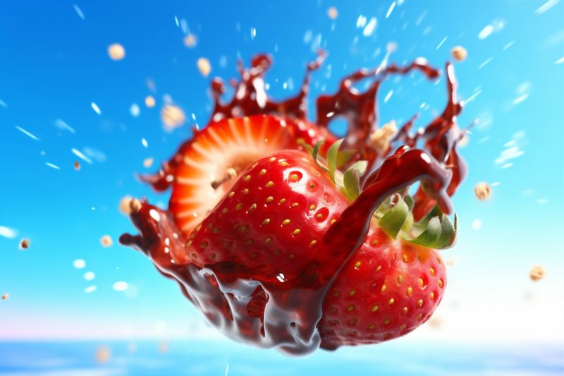 freshness healthy strawberry red fruit food background blue fresh water splash. Generative AI.