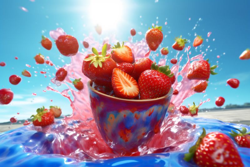 healthy freshness food background strawberry blue fresh fruit red water splash. Generative AI.