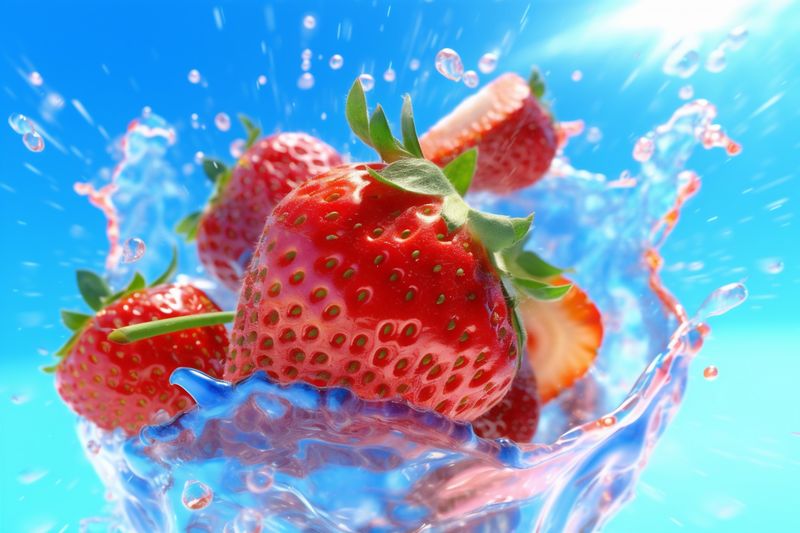 healthy strawberry fresh fruit splash water background red food freshness blue. Generative AI.
