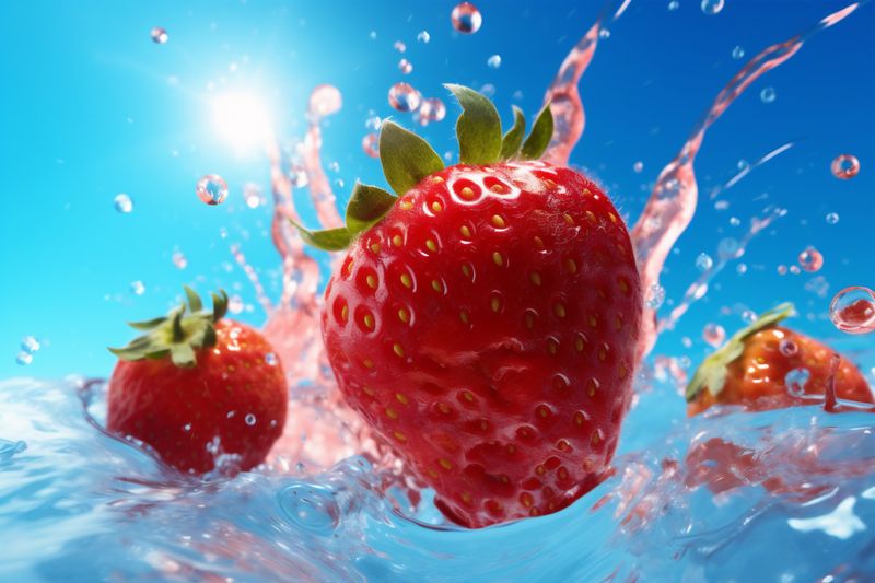 fruit fresh splash strawberry water background freshness red food blue healthy. Generative AI.