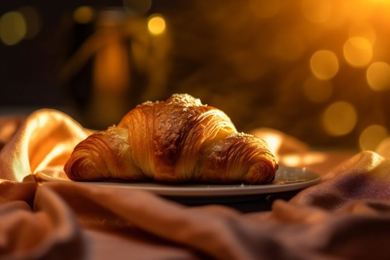 croissant drink table bokeh background background bakery morning food france cup breakfast. Generative AI.