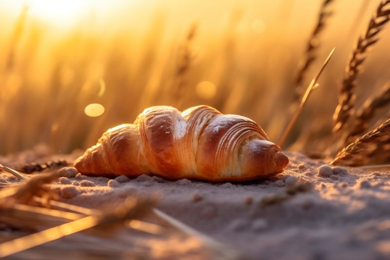background bokeh food croissant morning breakfast french bakery background drink table cup. Generative AI.
