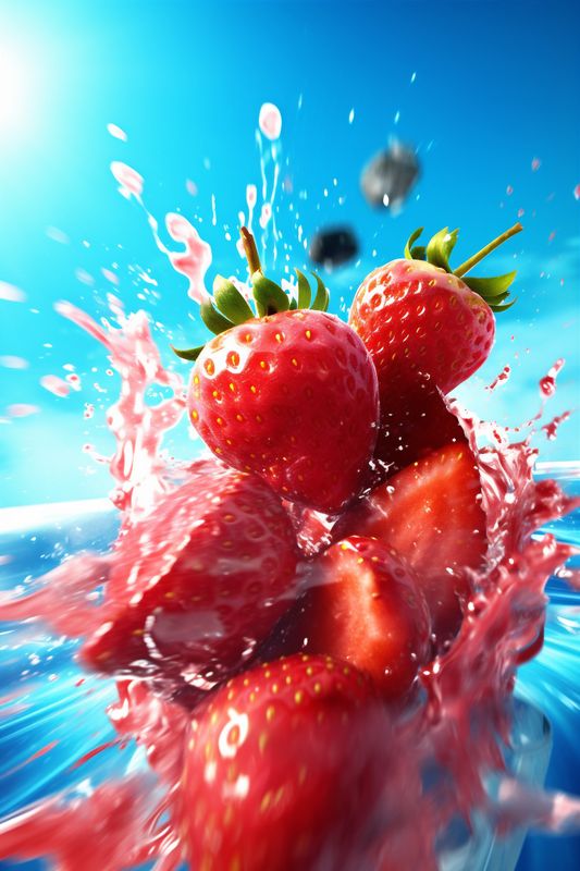 red fruit background fresh healthy strawberry water blue splash freshness food. Generative AI.