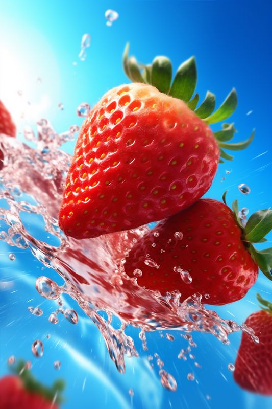 food background fresh strawberry healthy red fruit splash blue water freshness. Generative AI.