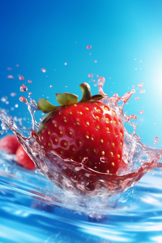 splash water blue healthy food fruit red fresh freshness background strawberry. Generative AI.