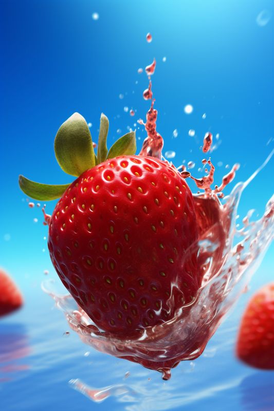 fresh background blue water red freshness strawberry fruit healthy food splash. Generative AI.