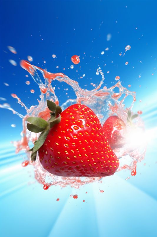 strawberry fruit food splash red blue background freshness fresh water healthy. Generative AI.