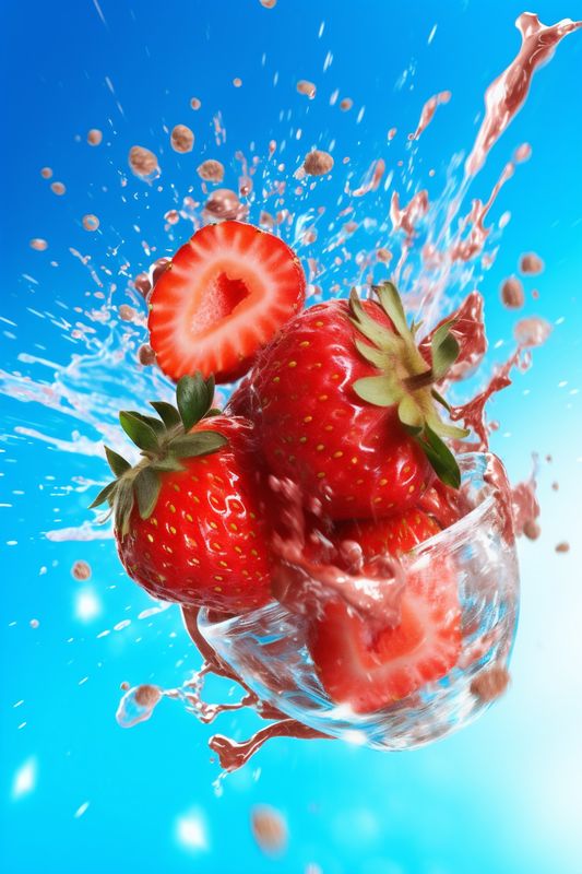 red background fresh fruit freshness food healthy blue strawberry splash water. Generative AI.