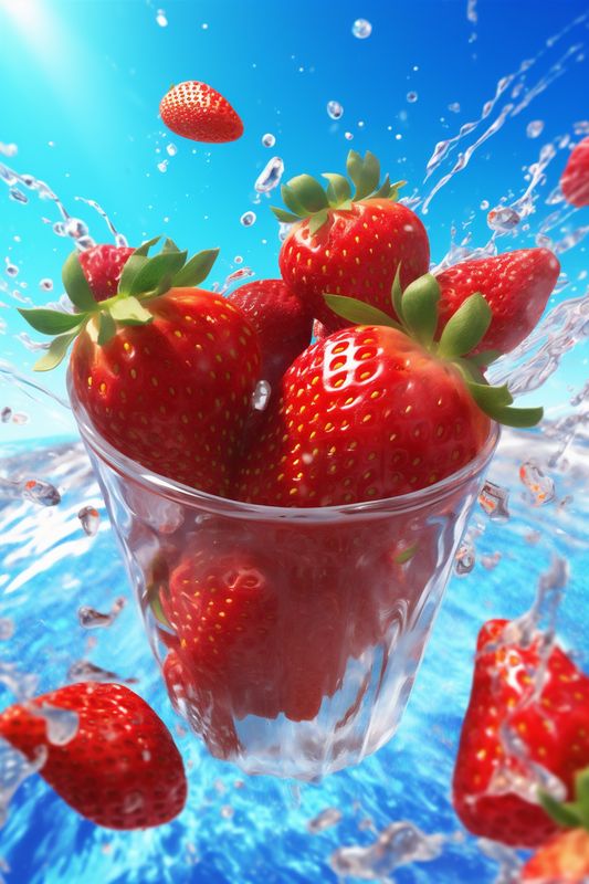 fresh food water healthy strawberry splash fruit background red blue freshness. Generative AI.