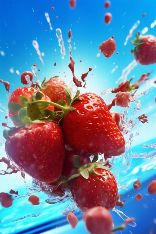 fresh strawberry food water red splash fruit background freshness blue healthy. Generative AI.