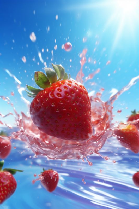 red strawberry food blue freshness fresh healthy water background splash fruit. Generative AI.