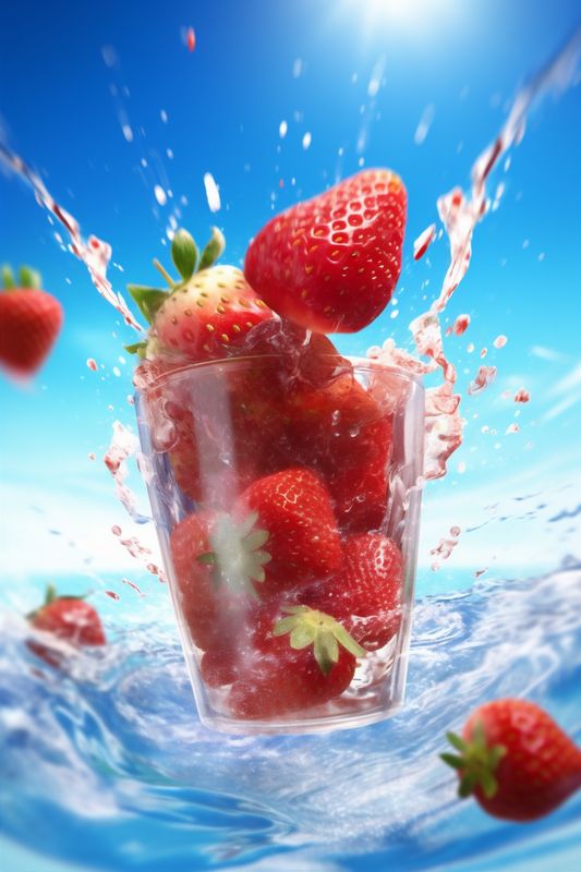 splash healthy strawberry fresh food blue freshness background red water fruit. Generative AI.