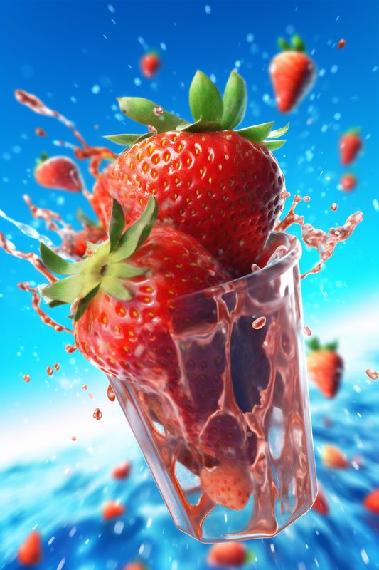 blue background splash food water fresh red fruit strawberry healthy freshness. Generative AI.