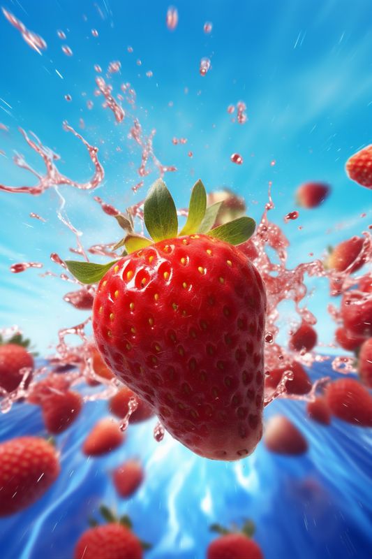 healthy strawberry food freshness splash fruit background red water fresh blue. Generative AI.