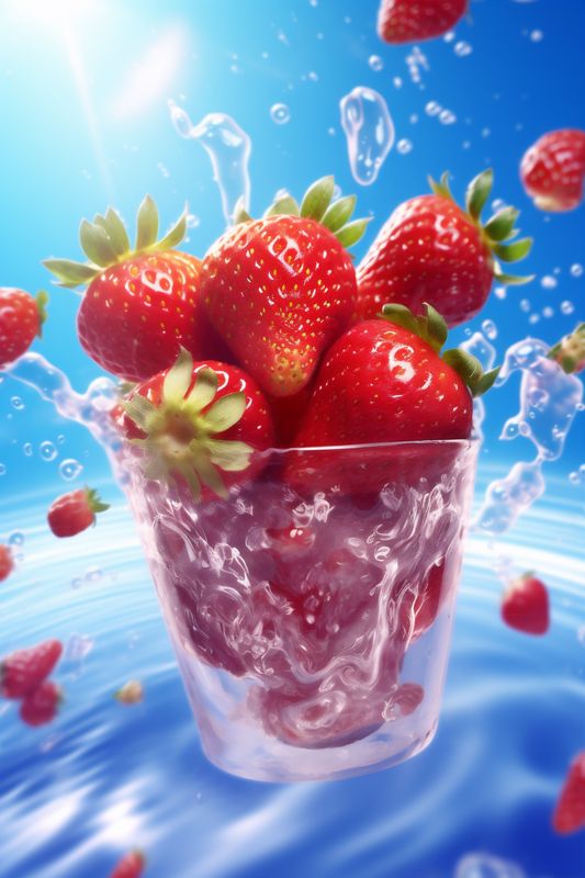 strawberry fruit healthy freshness water food splash fresh background blue red. Generative AI.
