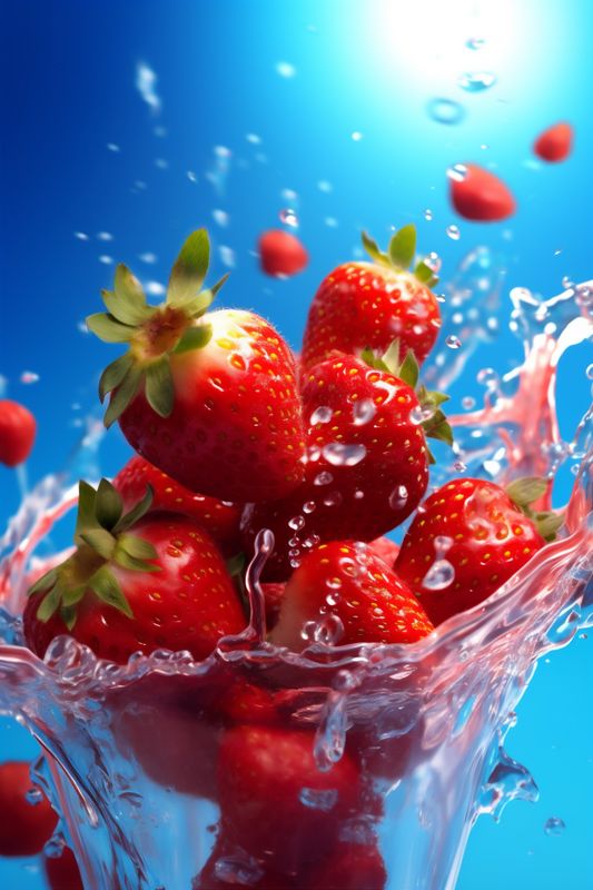 red background strawberry splash food fruit fresh freshness blue water healthy. Generative AI.