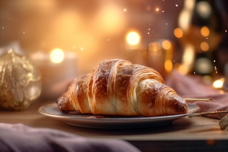 background drink snack morning background breakfast croissant food bakery cup bokeh table. Generative AI.