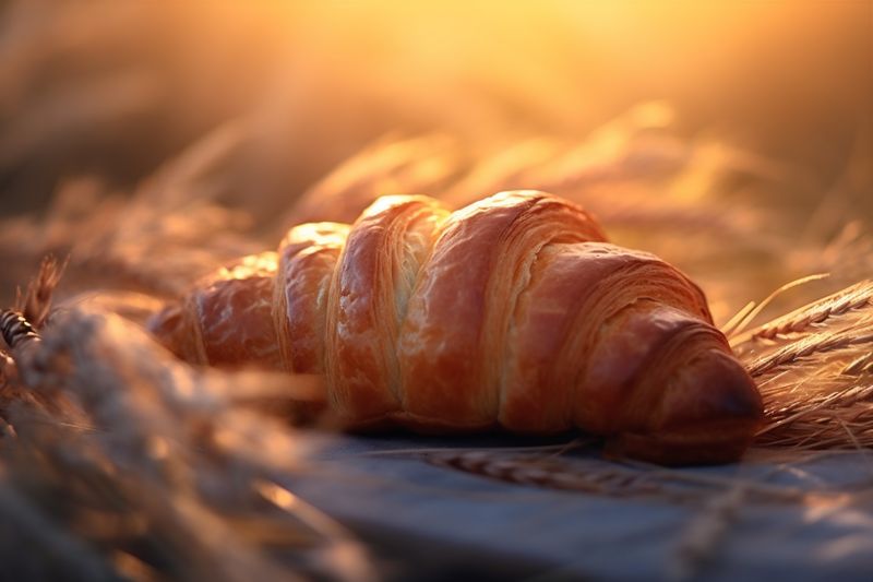 bakery food drink croissant background background cup freshness morning breakfast table bokeh. Generative AI.
