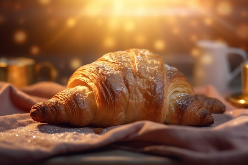 morning food bokeh drink table breakfast cup bakery background espresso croissant background. Generative AI.
