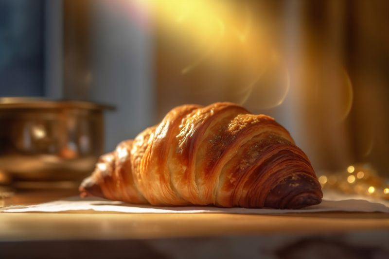 croissant breakfast bakery bokeh tea background background morning cup food table drink. Generative AI.