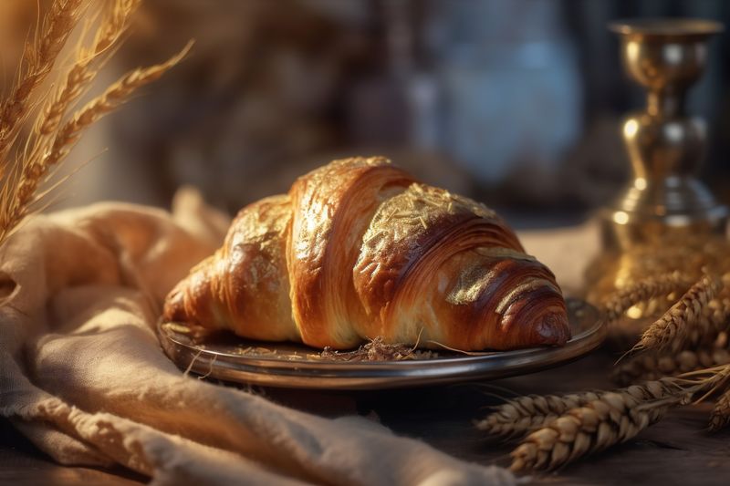 background breakfast drink background croissant cup morning bakery table bokeh food wood. Generative AI.