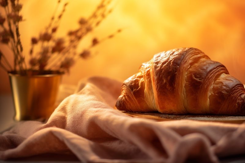 background bakery bokeh breakfast hot drink food cup table croissant morning background. Generative AI.