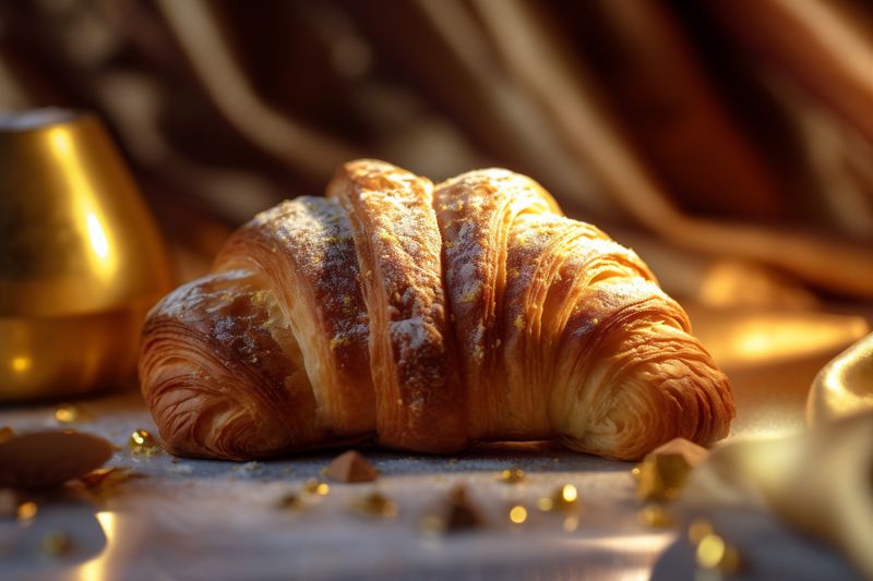 croissant pastry breakfast table cup bakery bokeh food drink background background morning. Generative AI.