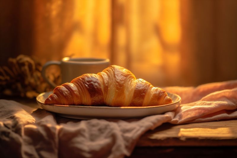 morning breakfast bokeh background cup drink sweet bakery table croissant food background. Generative AI.