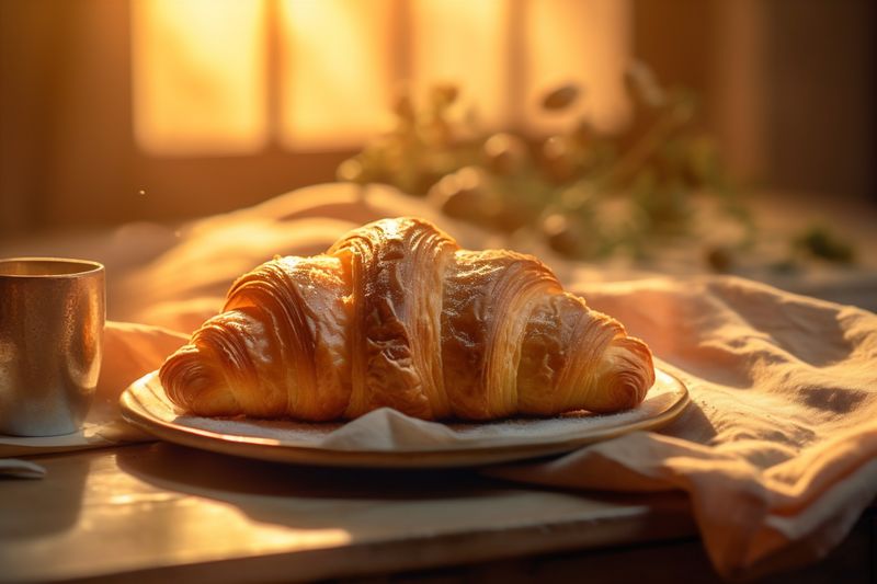 bakery croissant table background breakfast bokeh cafe morning food drink background cup. Generative AI.