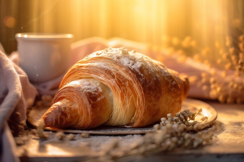 food morning breakfast background background drink bakery meal table cup bokeh croissant. Generative AI.