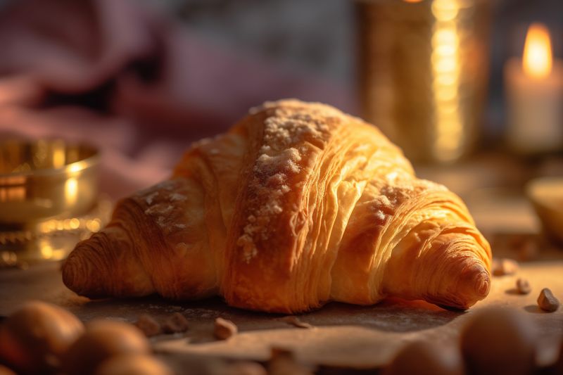 drink hot cup croissant food bakery breakfast background background table drink bokeh morning. Generative AI.