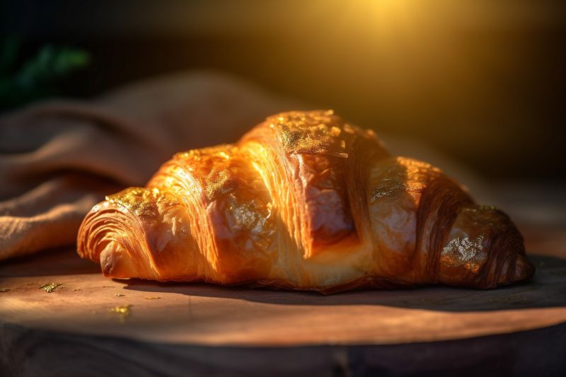 croissant background bokeh background food morning wood table breakfast bakery drink cup. Generative AI.
