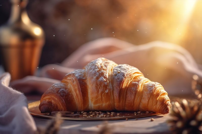 breakfast morning bokeh bakery croissant food background drink copy background table space cup. Generative AI.