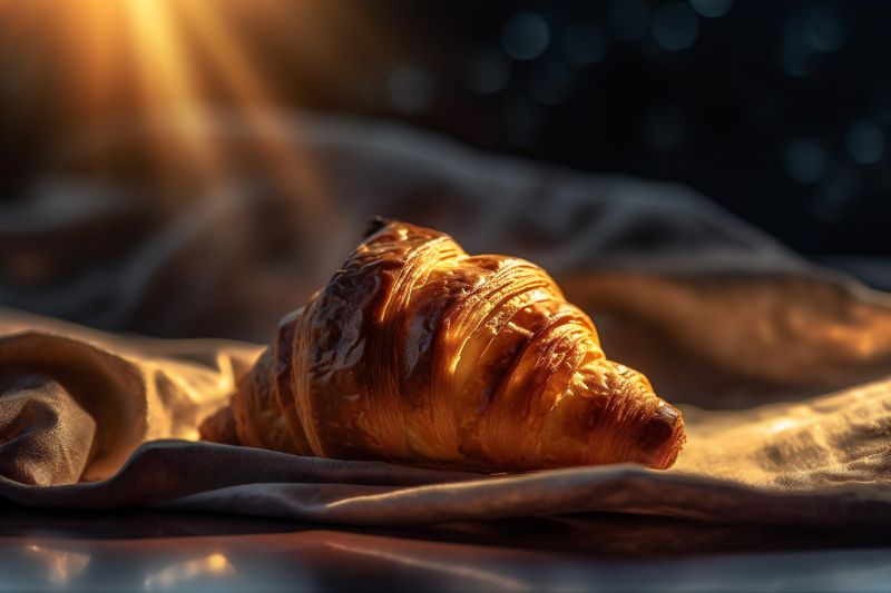 drink background breakfast bakery food bokeh table background closeup cup croissant morning. Generative AI.