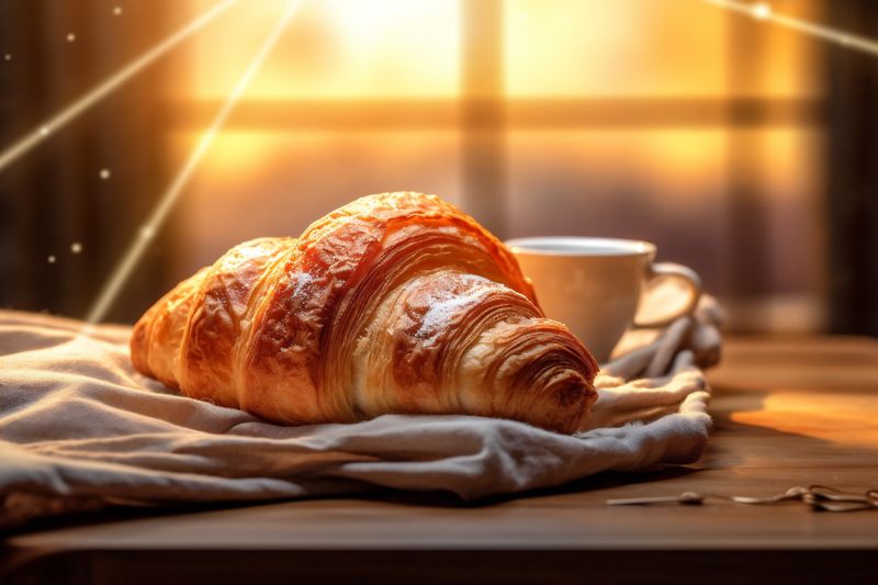 table bakery bokeh fresh cup food background morning background drink breakfast croissant. Generative AI.