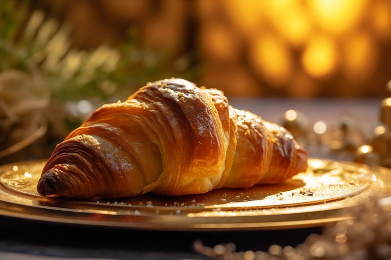 table morning croissant background drink bokeh breakfast cup smoke background food bakery. Generative AI.