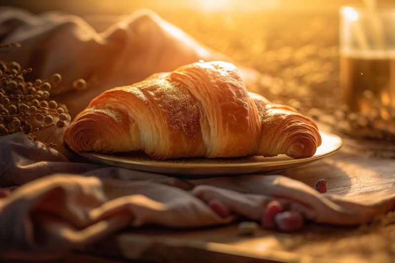 bokeh table closeup background breakfast cup food bakery background morning drink croissant. Generative AI.