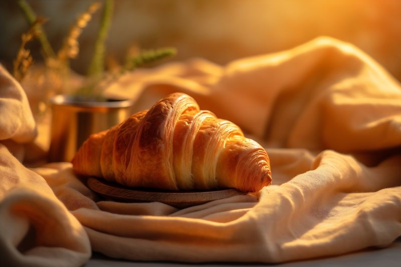 snack background croissant breakfast table drink food bokeh morning background bakery cup. Generative AI.