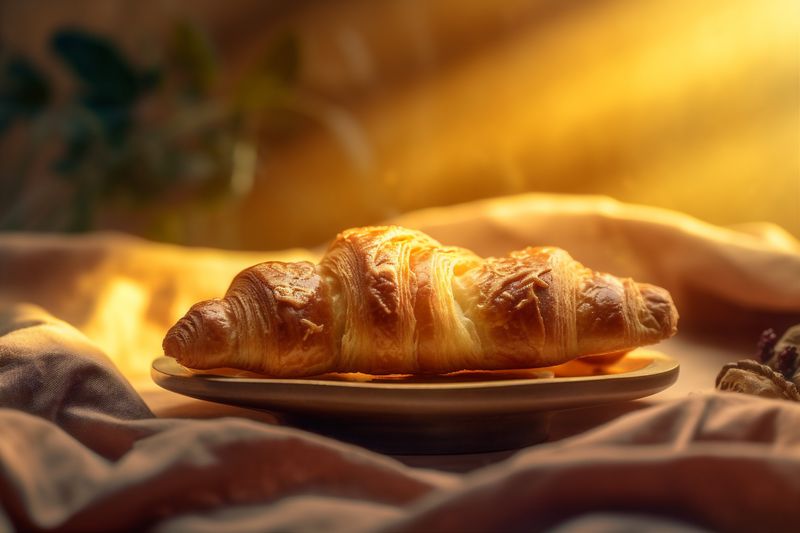 bakery drink croissant food cup breakfast table background morning bokeh background meal. Generative AI.