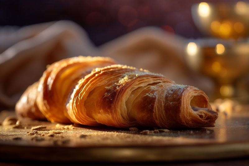 food bokeh breakfast drink cup table background background tea morning croissant bakery. Generative AI.