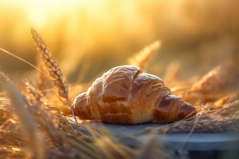 table croissant background space breakfast morning drink background bakery bokeh food cup. Generative AI.