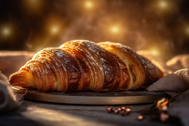 drink bokeh cup table morning background food breakfast mug bakery croissant background. Generative AI.