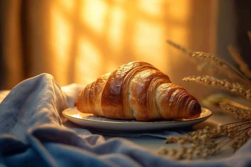 fresh croissant bokeh cup morning bakery background food breakfast drink table background. Generative AI.