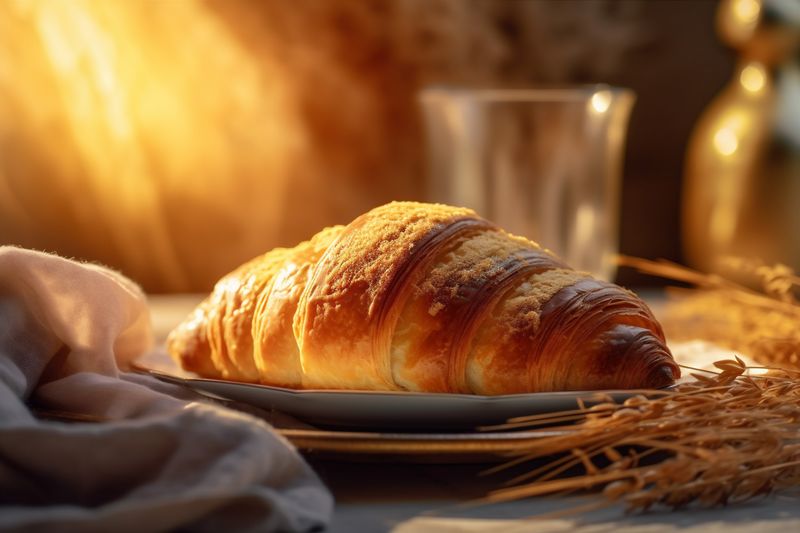 drink morning bakery bokeh table cup background pastry croissant food background breakfast. Generative AI.