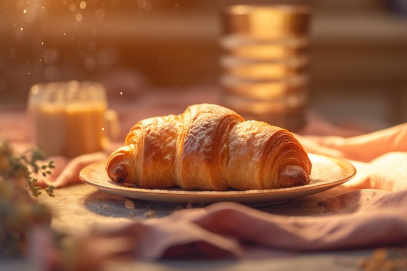 bokeh croissant background background food breakfast bokeh bakery morning drink table cup. Generative AI.