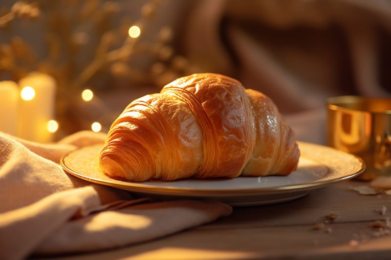 food croissant cup breakfast bokeh background bakery background beverage table drink morning. Generative AI.