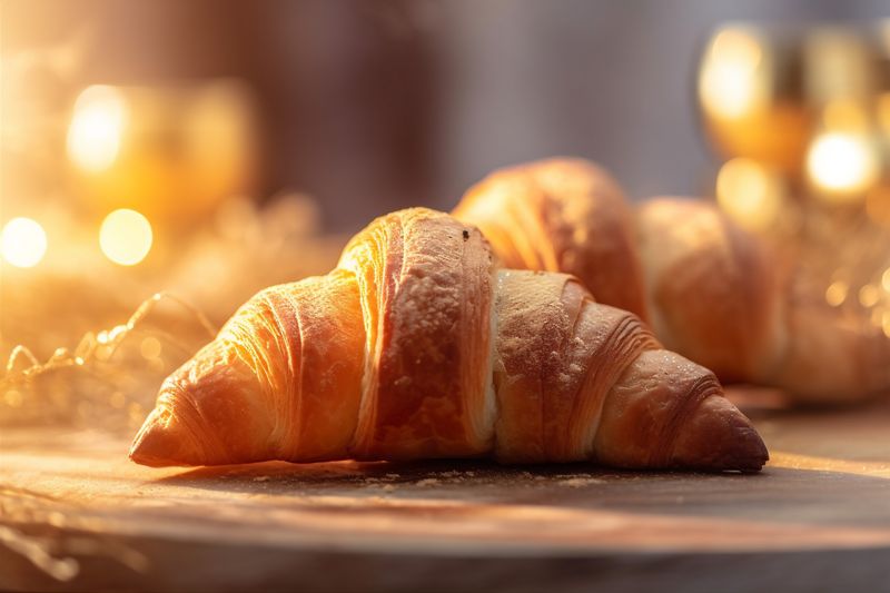 mug table breakfast bakery food croissant cup morning bokeh drink background background. Generative AI.