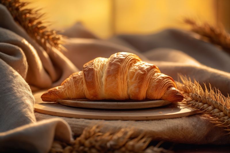 food morning cup breakfast mug background bakery drink bokeh croissant background table. Generative AI.